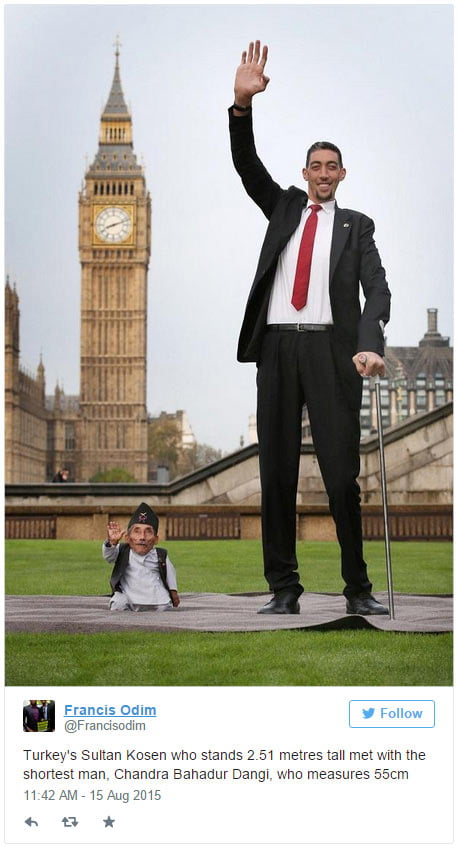 Turkey's Sultan Kosen who stands 2.51 metres tall met with the shortest man, Chandra Bahadur Dangi, who measures 55cm 