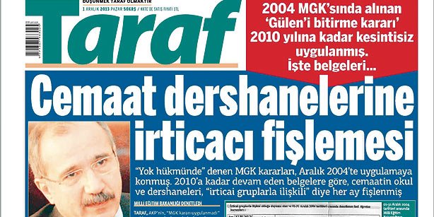 Snapshot of Taraf daily's front page on Sunday. (Photo: Today's Zaman)