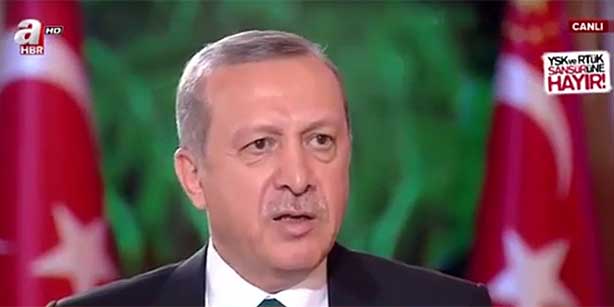 President Recep Tayyip Erdoğan is seen during an interview with pro-government A Haber in this still image made from a video of the interview.