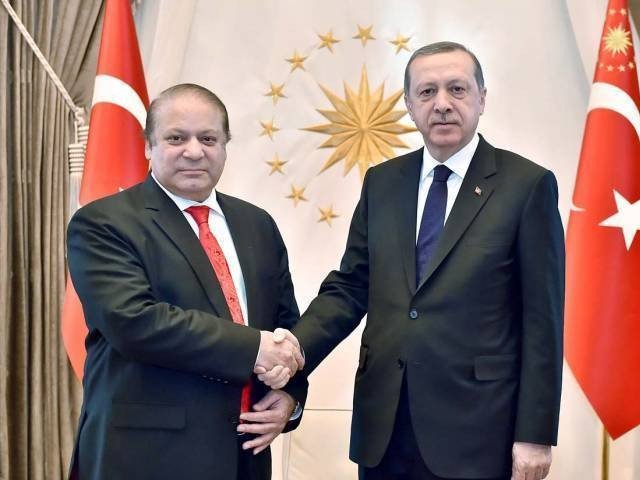 Prime Minister Nawaz Sharif shaking hands with Turkish President Recep Tayyip Erdogan. PHOTO: APP