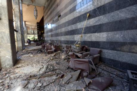 Damage caused by military helicopter bombardments inside Turkey's parliament near the Turkish military headquarters in Ankara, Turkey, Saturday, July 16, 2016. Burhan Ozbilici / Press Association. All rights reserved.
